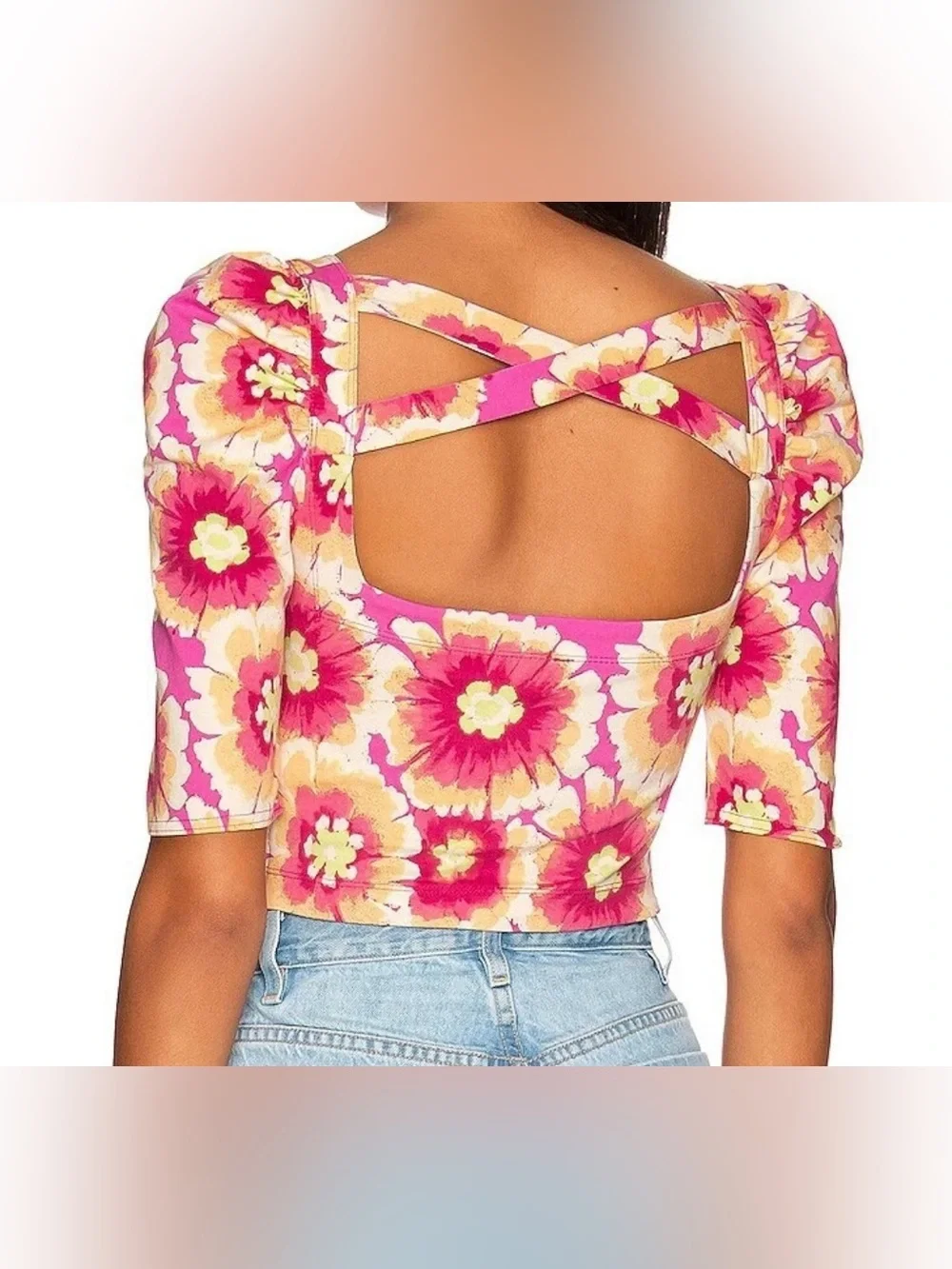 Free People Pink Watercolor Floral Square-Neck Puff Short Sleeve Blouse -Size XS